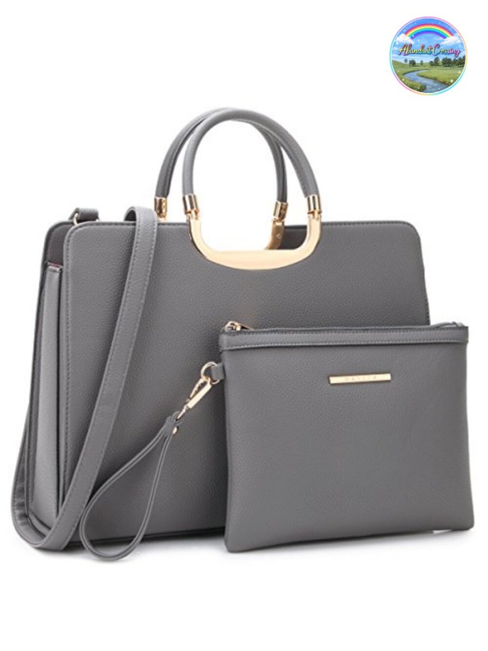 Vegan PU Leather Satchel Tote with Matching Wallet Gold-Tone Work Bag